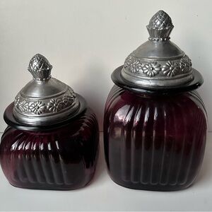 2 Vintage Artland Dark Amethyst Plum Purple Ribbed Glass Canister Apothecary Jar